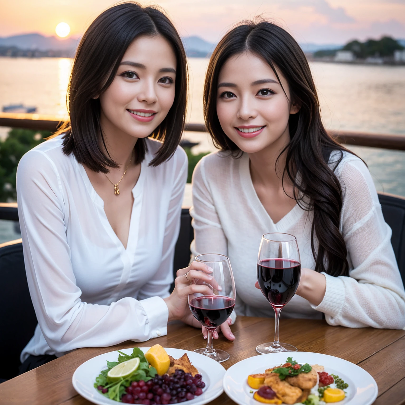 ((Highest quality、8k、masterpiece:1.3))、 (Genuineistic, Genuine、Bright image、Intricate details:1.2), Best smile 1 man 1 woman、Beautiful Couple、spouse、Couple、spouse、Beautiful Couple、Smile、full-course dinner、 (Slim face), (The body is slim), (Brown Hair), (short hair), テーブルの上のwine glass、Please shine a light on my face、 Amazing view of the sunset sky and clouds、 (age 34), 41 years old, red wine 、Appetizers、Wine bottle、sparkling wine、Long sleeve shirt、dress、White wine, red wine, wine glass,