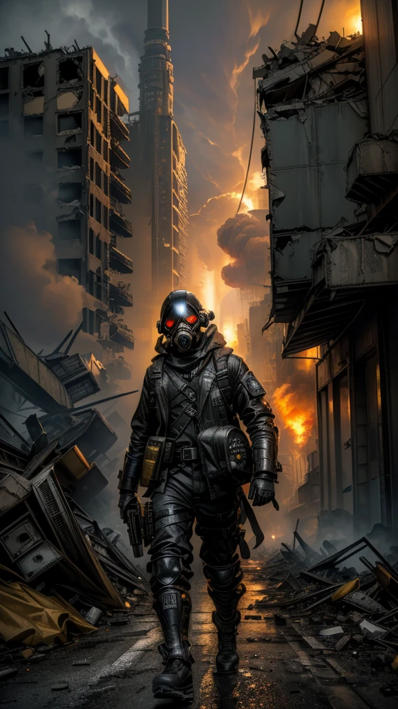 (Best Quality,16k,High Resolution,Masterpiece:1.2),Super Detail, Grotesque, Doom, male, Rebel, Masked, Rebel, Latex Gas Mask, Gas Mask With Yellow Accent Color, Disturbance, Dangerous Rebellion, Deep Hood, Dystopia, Post-Apocalypse, Disobedience, Anarchy, Rough Texture, Revolution, Building collapsed city, smoky toxic gas, weird lighting, burning sky, dim, ominous atmosphere, lost, social unrest, political turmoil