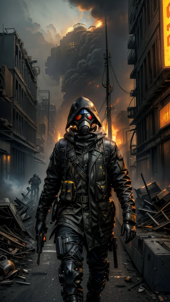 (Best Quality,16k,High Resolution,Masterpiece:1.2),Super Detail, Grotesque, Doom, male, Rebel, Masked, Rebel, Latex Gas Mask, Gas Mask With Yellow Accent Color, Disturbance, Dangerous Rebellion, Deep Hood, Dystopia, Post-Apocalypse, Disobedience, Anarchy, Rough Texture, Revolution, Building collapsed city, smoky toxic gas, weird lighting, burning sky, dim, ominous atmosphere, lost, social unrest, political turmoil