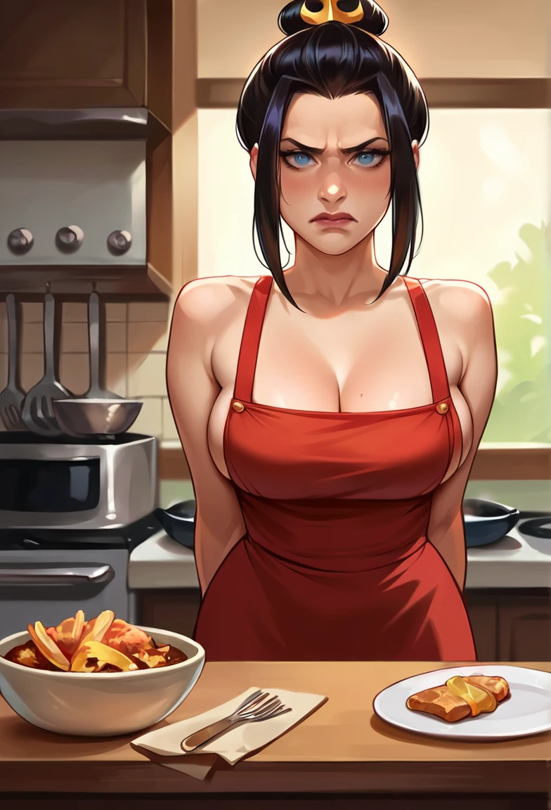 score_9, score_8_up, source_realistic, Realistic photo, photo, real, Realistic, score_9, score_8_up, score_7_up, source_anime, score_9, score_9, score_8_up, score_7_up, source_anime, 1girl, solo, boob window, cow pattern crop top, no bra, big , standing, holding a tray of burned food, gown, cooking, kitchen, azula, front view, looking at viewer, embarrassed, shy, tray on table, arms behind back, blue Eyes