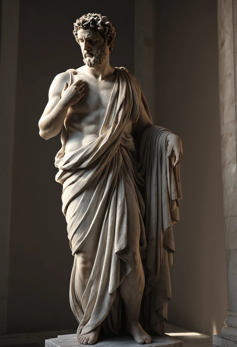 detailed ancient greek statue, realistic realistic statue, hyper realistic 3d render, highly detailed sculpture, marble statue, ancient greek style, neoclassical art, serene expression, thoughtful pose, stoic facial features, intricate drapery, natural lighting, dramatic shadows, chiaroscuro lighting, muted color palette, earth tones, (best quality,4k,8k,highres,masterpiece:1.2),ultra-detailed,(realistic,photorealistic,photo-realistic:1.37)