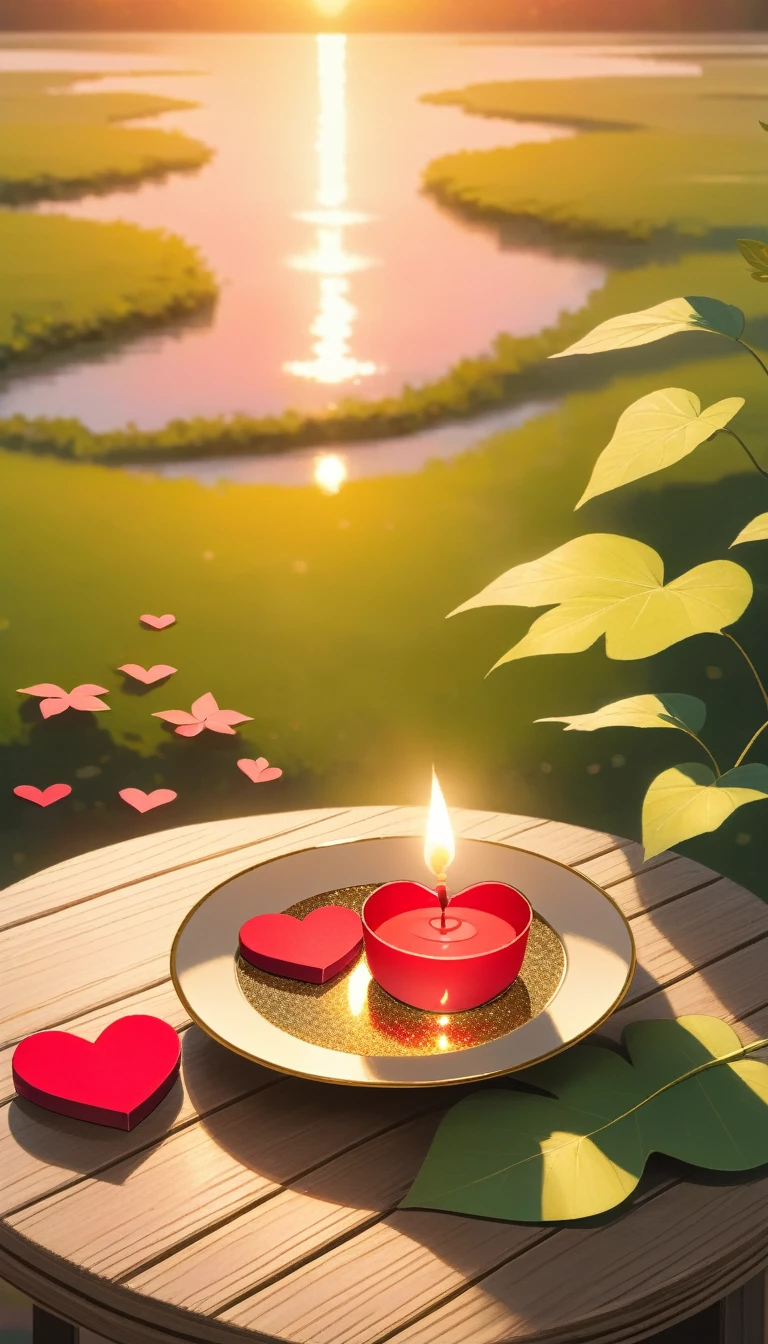 This image is、It depicts a tranquil outdoor scene at dusk.。. On a wooden table, A small pink candle is placed on the saucer.、There is a leaf decoration next to it.。. There are two heart-shaped objects placed behind the candle.: One is a red heart with a long ribbon、The other is a large heart made of beige fabric.. The sun is setting in the background, warm, Golden glitter on the scene, Creates a romantic and peaceful atmosphere.