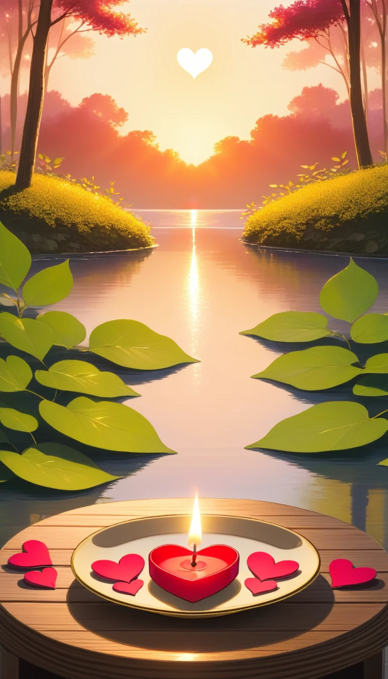 This image is、It depicts a tranquil outdoor scene at dusk.。. On a wooden table, A small pink candle is placed on the saucer.、There is a leaf decoration next to it.。. There are two heart-shaped objects placed behind the candle.: One is a red heart with a long ribbon、The other is a large heart made of beige fabric.. The sun is setting in the background, warm, Golden glitter on the scene, Creates a romantic and peaceful atmosphere.