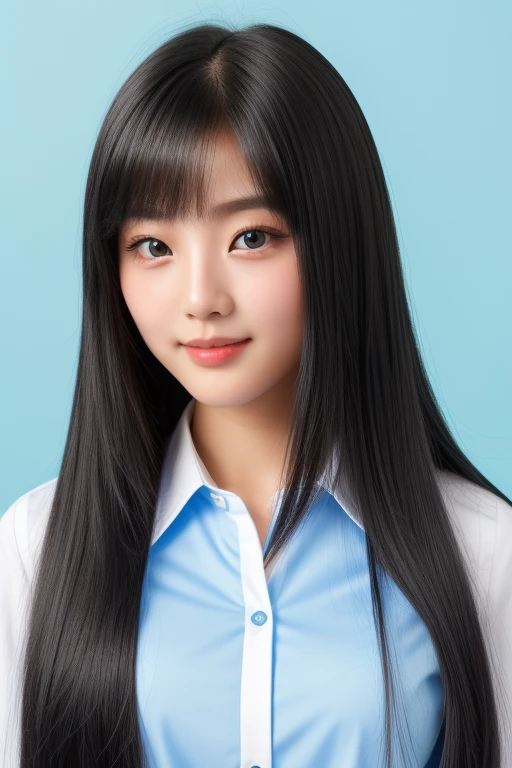 1 korean girl、high school Student uniform、blue-sky、Bright and very beautiful face、strikingly beautiful, eyes hook the soul seduces you, shiny white shiny skin、Best Looks、black hair with dazzling light reflection、Beautiful platinum black hair is super long silky straight shiny、Long bangs、Very beautiful 17 year old、Big eyes that shine crystal clear light blue、Beautiful cute beautiful girl, portrait photo, blue background,