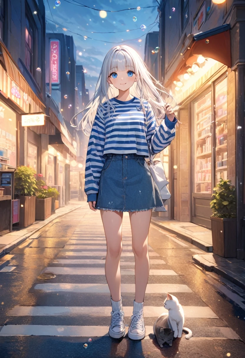 (8K, best quality, master piece: 1.2), super high resolution,Official Art,detailed eyes, 1 girl, solo, 16yo,smile, looking at viewer,white hair,Long Hair,blunt bangs,standing on the asphalt ground,long sleeved white and blue striped pattern T-shirt, denim skirt,Crosswalk,striped pattern Street sign,striped pattern stationery store,kitten,Cinema Lighting,(bubbles)