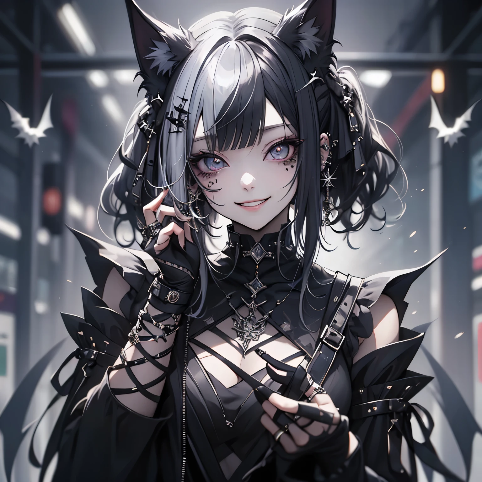 (masterpiece), Highest quality, Ultra-high resolution,Gothic、Silver Hair、Black Hair、Big smile、Bat、smile、cool、band、live、Visual Kei、Sick Makeup
