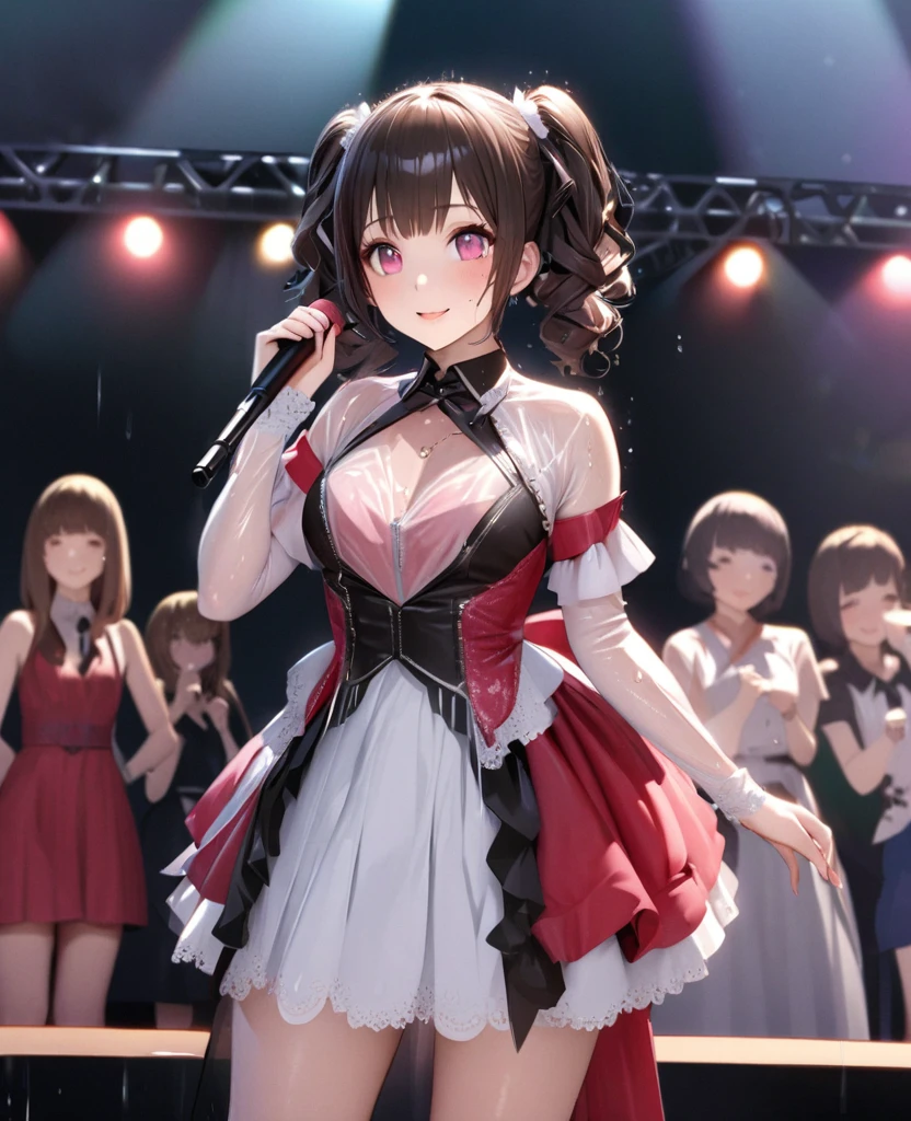 One Girl、Looking at the audience、lovely,
Beautiful pink eyes、short twin tail hair , Mole under the eye、Plump and glossy lips、Heart-shaped choca、Idol、Her name is Rico,smile、ー、。.。.。.。.。.。.。.。.。.。.。.。.。.。.。.。.。.。.3D、Realistic、
The idol's costume was soaked in the heavy rain, and her chest was wet and transparent.Heavy rain at outdoor concert, Drape clothes、gem、The decoration has been removed、Floral、Lace trim,On a glittering stage、
masterpiece、highest quality、8k、Detailed skin texture、Detailed cloth texture、Beautifully detailed face、Intricate details、Very detailed、
超A high resolution、8k Ultra HD、Film Grain、Best Shadow、delicate、Gazing at the audience、front