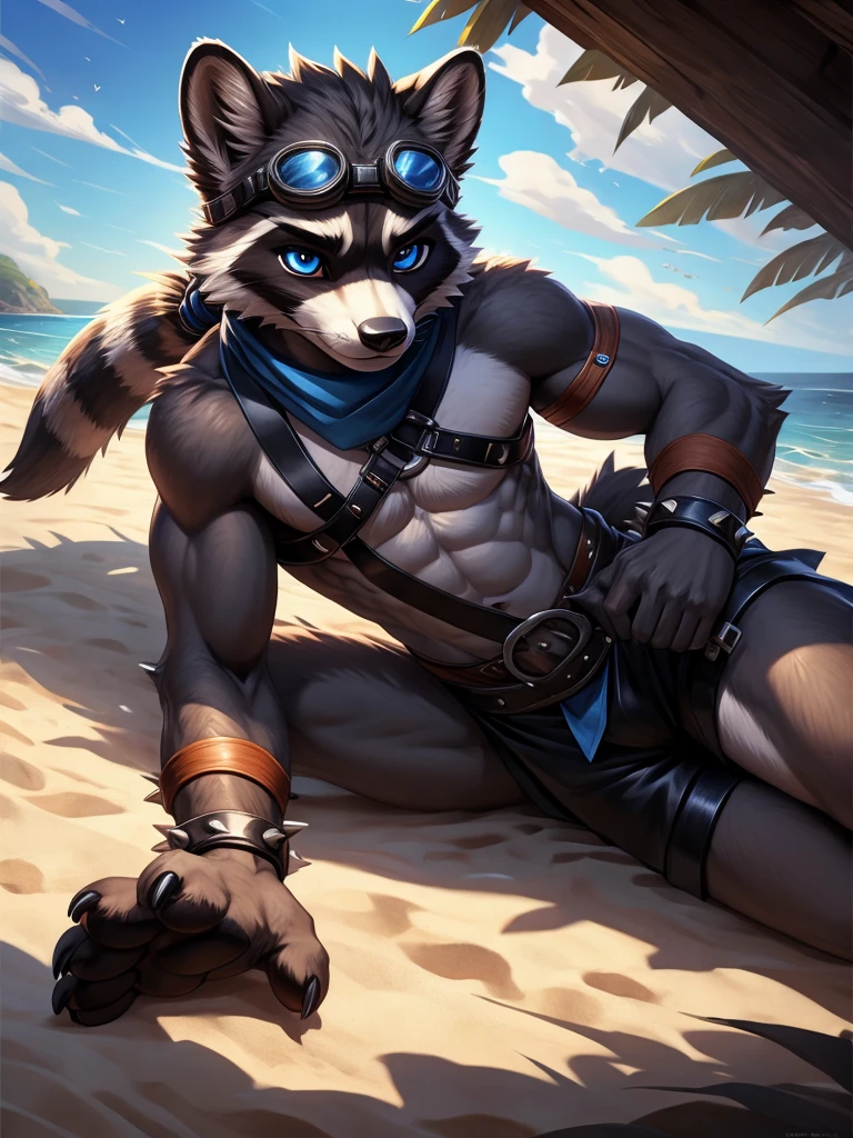 no lighting, deep shadow, dynamic angle, Solo, teen furry, furry, teen, raccoon, grey body, long brown spiked_ponytail, Detailed body fur, long blue scarf, leather_harness, blue_loincloth, goggles, masterpiece, gray body, Detailed face, big eyebrows, blue eyes, detailed eyes, No muscles, Detailed hands, Flat body, Skinny, Detailed paws, claws, metal cuffs on wrists, black shorts, no shirt, beach, day, no underwear, laying, bored