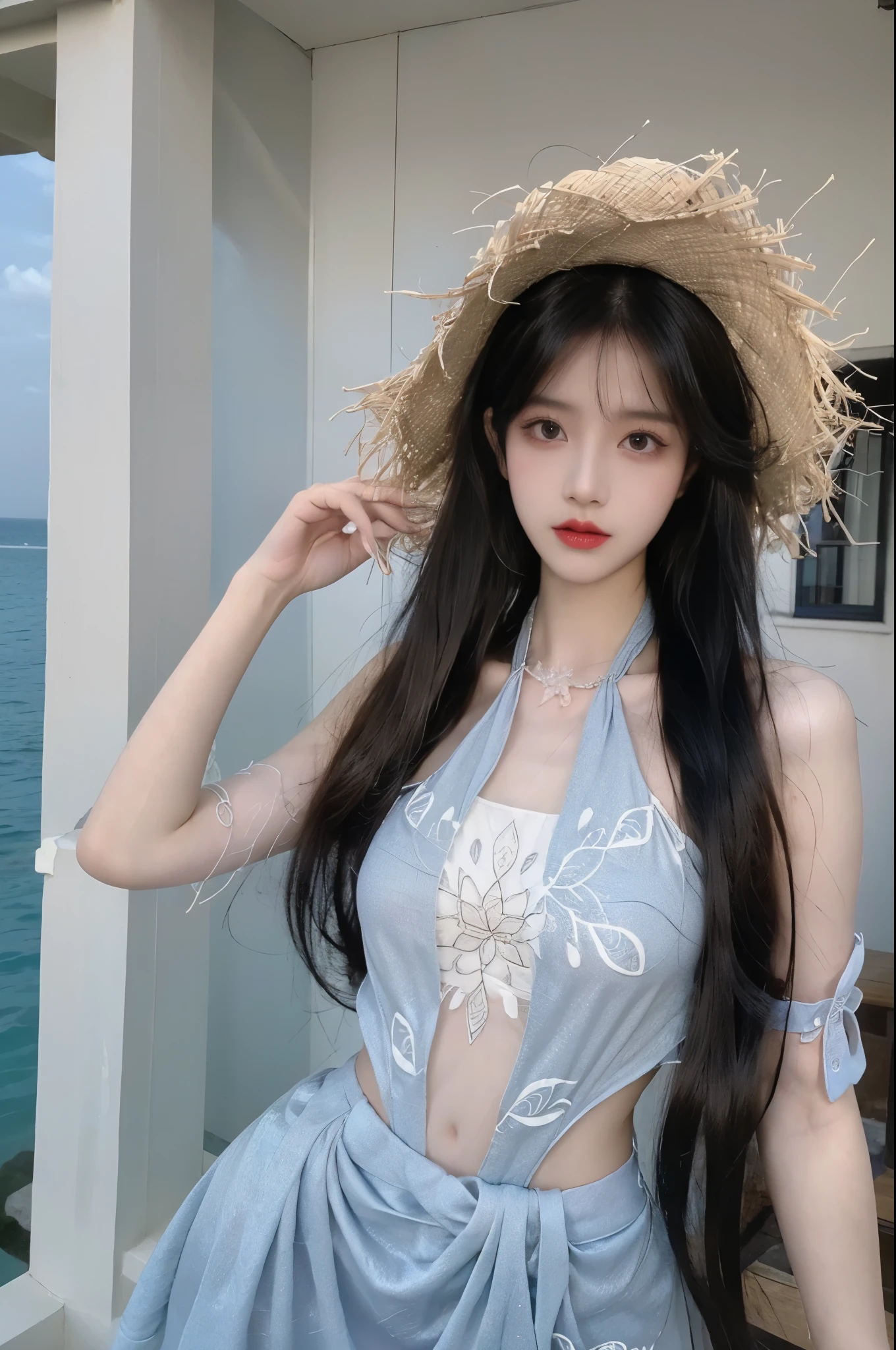 guqinghan,straw hat, Beauty, beautiful女人，Have a perfect body：1.4，Layered Hairstyle，((Big breasts)), ((D cup)), Visible cleavage，Bare shoulders, Highly detailed face and skin texture，Double eyelids，Skin Whitening，Long hair，Whitening long legs，Standing by the sea, Fashion girl, Red lips, Sweet maiden, beautiful妆容, detail, lifelike, Very detailed, amazing, beautiful, Young and energetic, high quality，High Definition, rich and colorful，Exquisite, Smooth skin, The skirt is short, Lift the skirt with your hands, Elegant and charming posture, Official Art, Extremely detailed, Movie atmosphere, Soft colors, Natural skin texture,