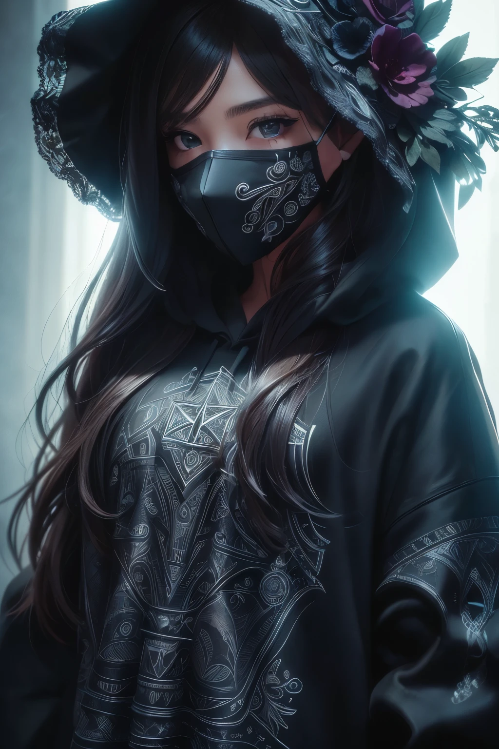 a close up detailed photo of a woman's face wearing an intricate silver metal mask decorated with flowers, stars, skulls, and music notes, beautiful detailed eyes, extremely detailed face and skin, photorealistic, cinematic lighting, dramatic shadows, moody, dark and gritty, deep saturated colors, chiaroscuro