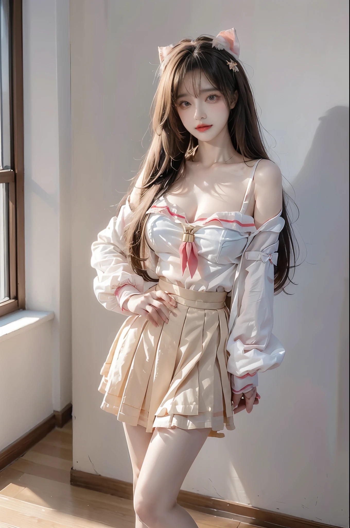 diana cosplay costume, animal ears, long jacket, bow, hair ornament, serafuku, neckerchief, long sleeves, socks, shoes, Beauty, beautiful女人，Have a perfect body：1.4，Layered Hairstyle，((Big breasts)), ((D cup)), Visible cleavage，Bare shoulders, Highly detailed face and skin texture，Double eyelids，Skin Whitening，Long hair，Whitening long legs，Standing by the sea, Fashion girl, Red lips, Sweet maiden, beautiful妆容, detail, lifelike, Very detailed, amazing, beautiful, Young and energetic, high quality，High Definition, rich and colorful，Exquisite, Smooth skin, The skirt is short, Lift the skirt with your hands, Elegant and charming posture, Official Art, Extremely detailed, Movie atmosphere, Soft colors, Natural skin texture,