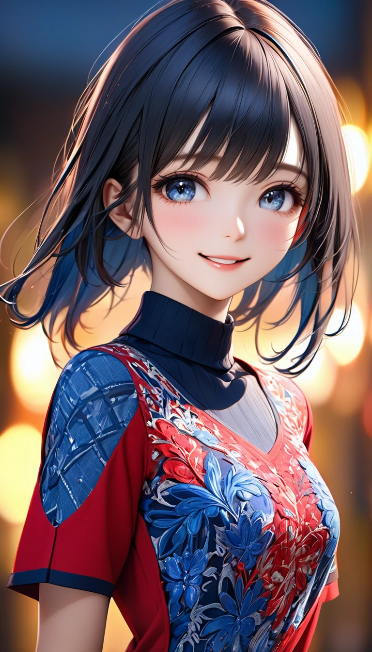 (Highest quality, 8k, 32K, masterpiece, Ultra-high resolution):1.2, Blurred Background, Great photo with beautiful saturation, Ultra-high resolution,(Realistic:1.4)),Deep Shadow,(Highest quality), ultra Realistic,32K,Highly detailed CG Unity, Expressive eyes, Perfect Face, Perfect Anatomy, Perfect body, scene, One Girl, Open your mouth, Middle-length hair with bangs, Provides moisture to the eye area, Textured skin, Highest quality, 8k, Blurred Background, smile, A woman with perfect style, (Colorful patterns(Red and blue embroidery)girl' China dress:1.2), look forward to, Looking into the camera,(I can see your chest),