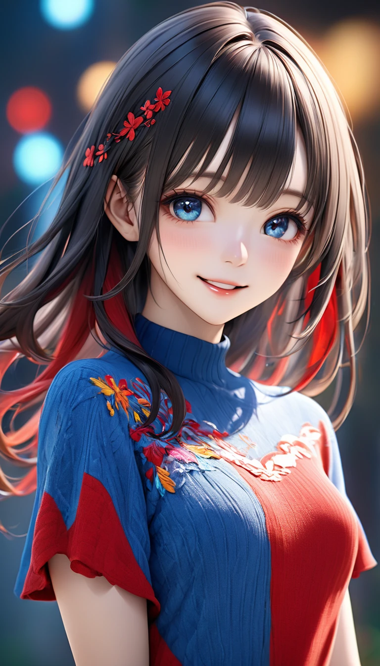 (Highest quality, 8k, 32K, masterpiece, Ultra-high resolution):1.2, Blurred Background, Great photo with beautiful saturation, Ultra-high resolution,(Realistic:1.4)),Deep Shadow,(Highest quality), ultra Realistic,32K,Highly detailed CG Unity, Expressive eyes, Perfect Face, Perfect Anatomy, Perfect body, scene, One Girl, Open your mouth, Middle-length hair with bangs, Provides moisture to the eye area, Textured skin, Highest quality, 8k, Blurred Background, smile, A woman with perfect style, (Colorful patterns(Red and blue embroidery)girl' China dress:1.2), look forward to, Looking into the camera,(I can see your chest),