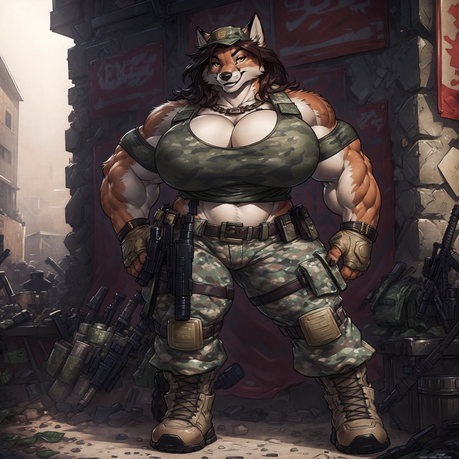 solo, 1girl, fox, female, broad shoulders, stocky build, buff, muscular, huge breasts, gold eyes, highly detailed eyes, Amazon, powerful figure, wearing camouflage_uniform, (urban uniform:1.2), military camp, pistol holster, rolled sleeves, shirt, trousers, cleavage, standing upright, combat boots, full body, smiling, friendly, looking at viewer, realistic lighting, by darkgem, by wfa, by gideon,