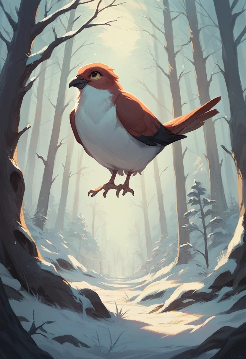 Winter forest and birds