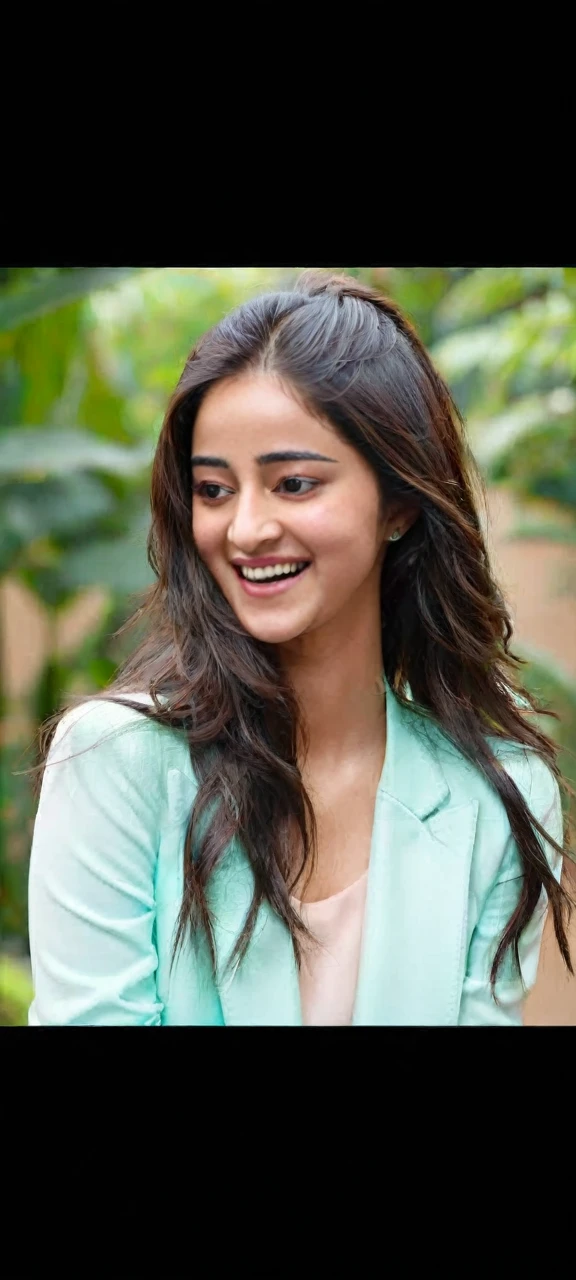 hires headshot photo of ananya pandey woman from behind, studio quality, looking over shoulder, laughing, outdoors 