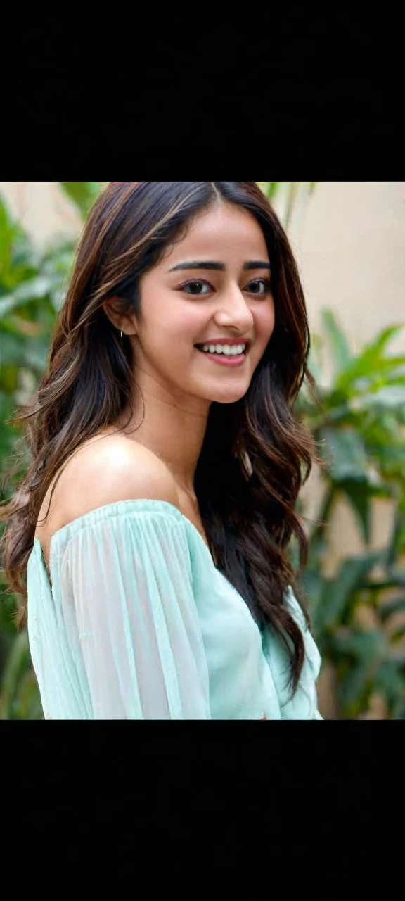 hires headshot photo of ananya pandey woman from behind, studio quality, looking over shoulder, laughing, outdoors 