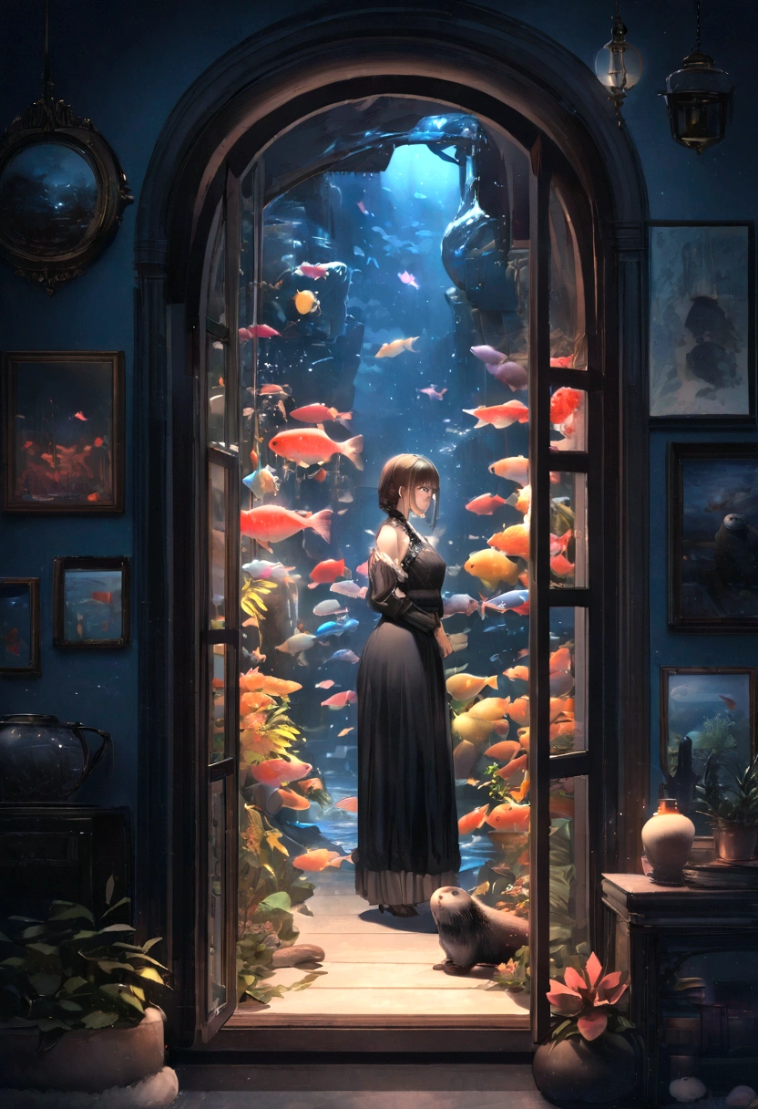 (Highest quality,taller than:1.2),Realistic,Anime Big Tits,Cute sea otter,(night,Moonlight was streaming in through the little otter&#39;s bedroom window.,It lit up a corner of the room.。A little otter came into the living room.,Under the light, You can see colorful fish moving slowly in the aquarium.。)