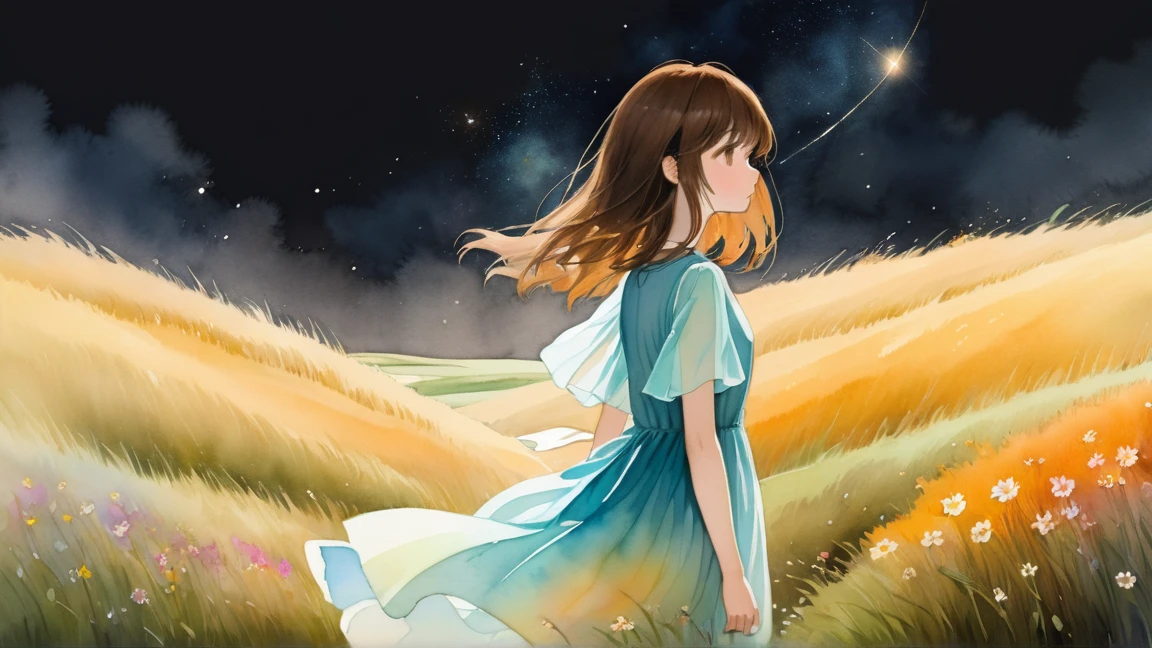 (Absurd, High resolution, Ultimate Details, Perfect Anatomy:1.2), (Portraiture:0.2), Written boundary depth, black background
break
a translucent (watercolor:1.4) Delicate shades, A subtle blend, Airy, Dreamlike quality.
break
(One Girl:1.3), alone, (Long Bob Hair:1.2), Swept-apart bangs, (Brown Hair:1.2), Expressionless, Side view, throw,
break
(Fluffy Dress:1.1)
break
(grassland, Outdoor:1.2), (universe \(flower\):1.4)
break
(She walks along the dark river.:1.2)