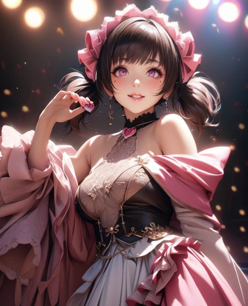 One Girl、Looking at the audience、
Beautiful pink eyes、short twin tail hair , Mole under the eye、Plump and glossy lips、Heart-shaped choca、Idol、Her name is Rico,smile、ー、。.。.。.。.。.。.。.。.。.。.。.。.。.。.。.。.。.。.3D、Realistic、
off shoulder dress, Drape clothes、gem、The decoration has been removed、Floral、Lace trim,On a glittering stage、
masterpiece、highest quality、8k、Detailed skin texture、Detailed cloth texture、Beautifully detailed face、Intricate details、Very detailed、
超A high resolution、8k Ultra HD、Film Grain、Best Shadow、delicate、Gazing at the audience、front