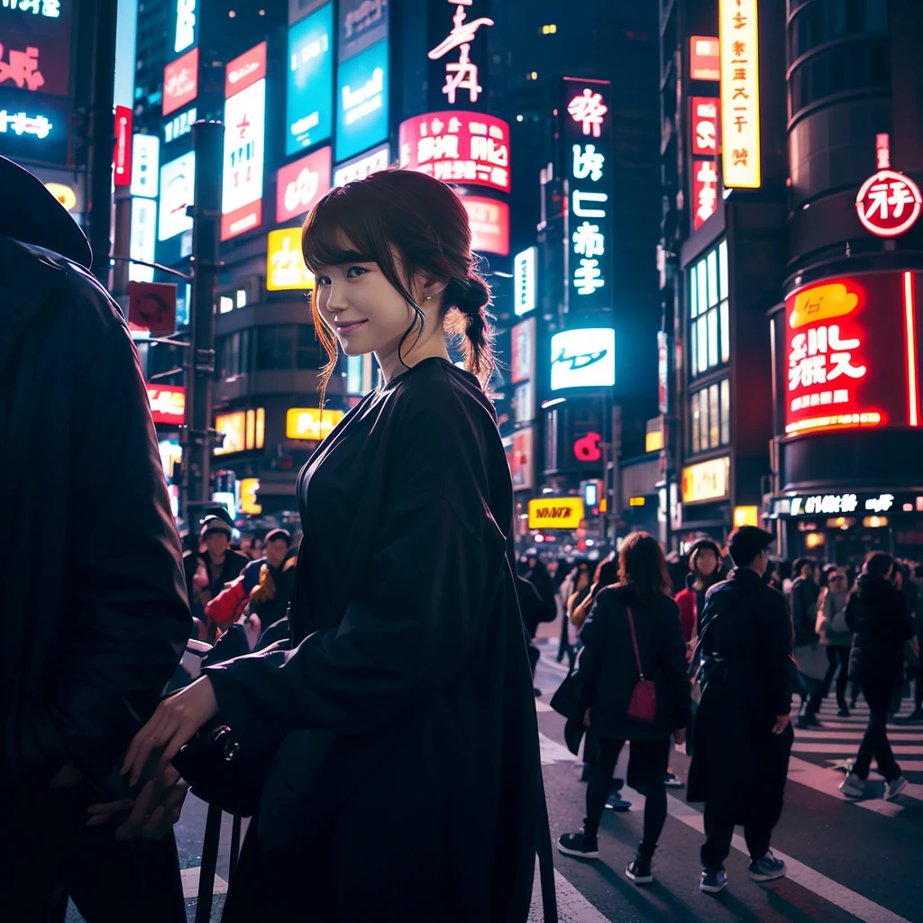 super fine illustration, best quality, anime girl, Tokyo personification, stylish urban fashion, dynamic cityscape, vibrant colors, Shibuya crossing background, Tokyo Tower silhouette, neon signs, energetic expression, bustling atmosphere, modern city life, futuristic elements, sleek design, city lights, contemporary theme, detailed background