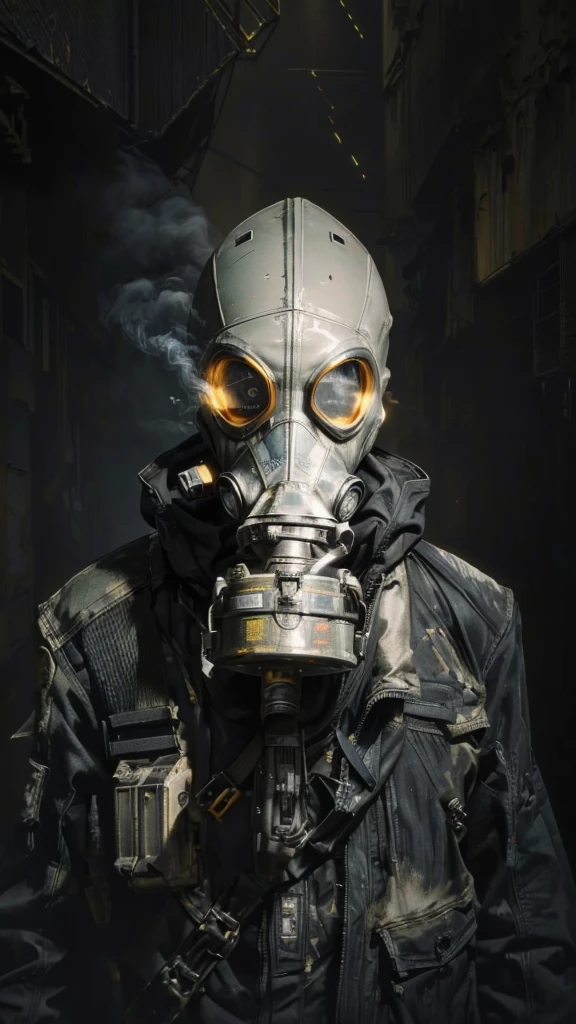 (Best Quality,16k,High Resolution,Masterpiece:1.2),Super Detail, Grotesque, Doom, male, Rebel, Masked, Rebel, Latex Gas Mask, Gas Mask With Yellow Accent Color, Disturbance, Dangerous Rebellion, Deep Hood, Dystopia, Post-Apocalypse, Disobedience, Anarchy, Rough Texture, Revolution, Building collapsed city, smoky toxic gas, weird lighting, burning sky, dim, ominous atmosphere, lost, social unrest, political turmoil