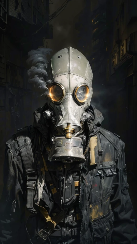 (Best Quality,16k,High Resolution,Masterpiece:1.2),Super Detail, Grotesque, Doom, male, Rebel, Masked, Rebel, Latex Gas Mask, Gas Mask With Yellow Accent Color, Disturbance, Dangerous Rebellion, Deep Hood, Dystopia, Post-Apocalypse, Disobedience, Anarchy, Rough Texture, Revolution, Building collapsed city, smoky toxic gas, weird lighting, burning sky, dim, ominous atmosphere, lost, social unrest, political turmoil