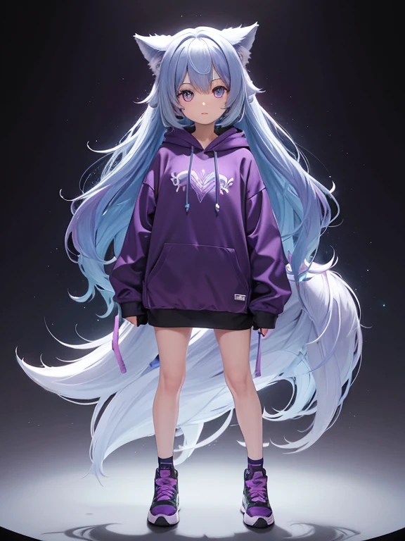 1girl,purple hoodie ,light blue hair,violet eye,wolf hair,chibi,standing, put hands on body, full body,green background