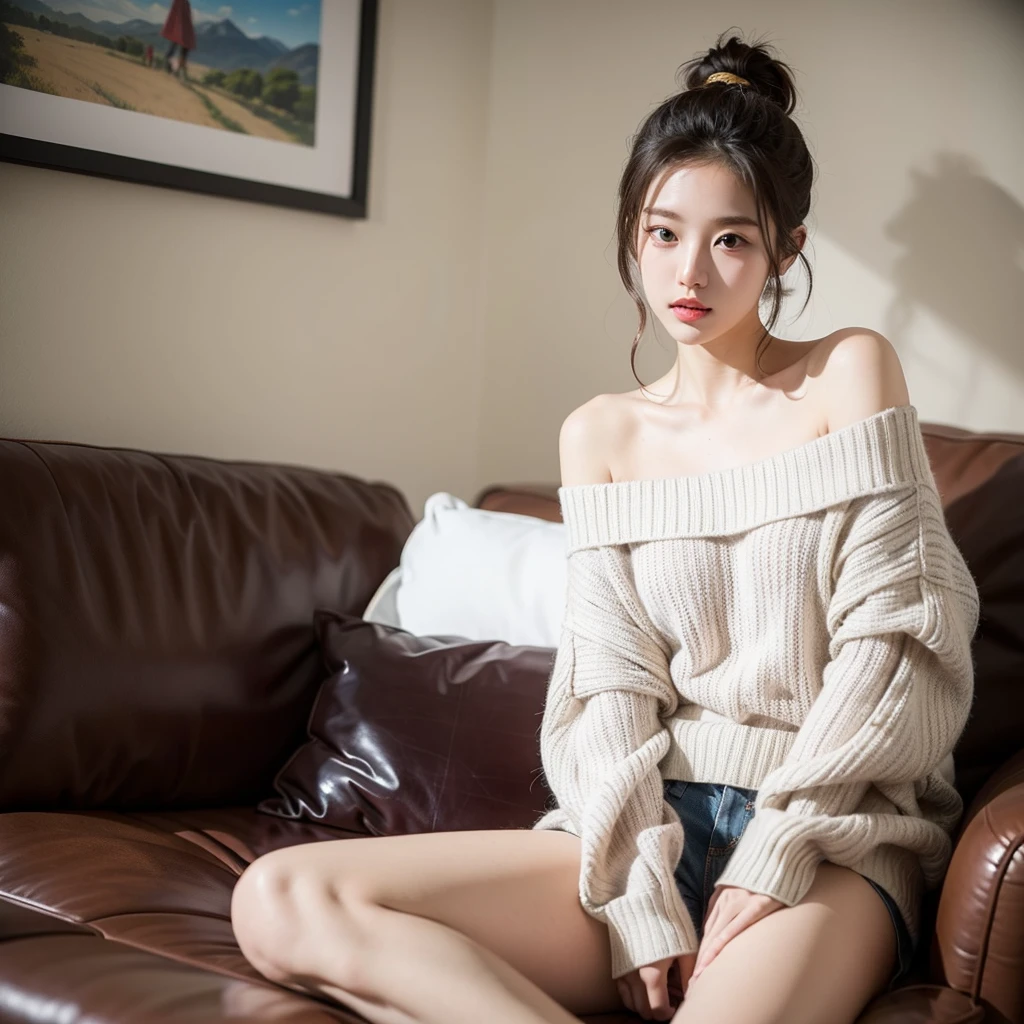 ((Highest quality)), ((masterpiece)), (detailed), One girl, Off-the-shoulder sweater, Korean idol style from head to toe