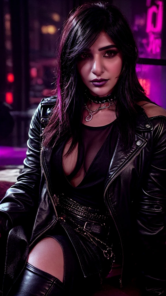 Create a hyper-realistic portrait of Samantha Ruth Prabhu as a modern goth girl. She is dressed in a bold, edgy outfit with a black leather jacket, ripped jeans, and heavy boots. Her makeup is dramatic, with dark, smoky eyes, bold black lipstick, and pale foundation. Her hair is styled in sleek, straight locks, dyed a deep shade of black with a hint of purple. She is adorned with gothic accessories like silver chains, chokers, and multiple piercings. The background features a dimly lit, urban party scene with neon lights and a lively atmosphere, emphasizing her rebellious and vibrant personality