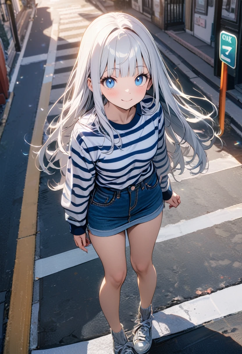 (8K, best quality, master piece: 1.2), super high resolution,Official Art,detailed eyes, 1 girl, solo, ,smile, looking at viewer,white hair,Long Hair,blunt bangs,standing on the asphalt ground,long sleeved white and blue striped pattern T-shirt, denim skirt,Crosswalk,striped pattern Street sign,striped pattern stationery store,cute,kitten,Cinema Lighting,(bubbles)