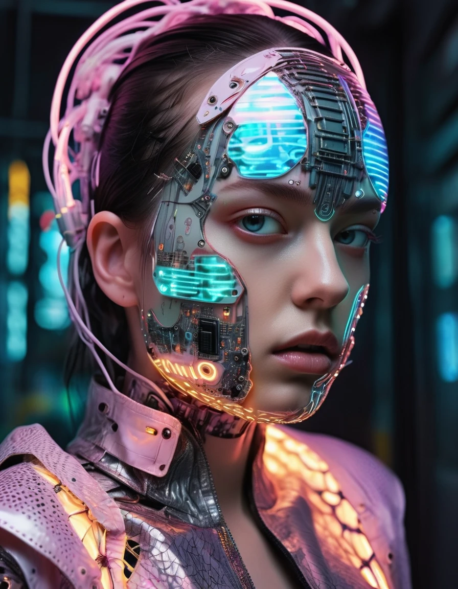 Portrait: Glowing circuit motif, Robot Appendages, Holographic Fabric, Avant-garde cyber fashion, Wired Wonderland Magazine, Set in a neon-lit, dystopian future city.(egg:1.1) Half face, (Anxious:1.1), Fish skin,detailed, ,