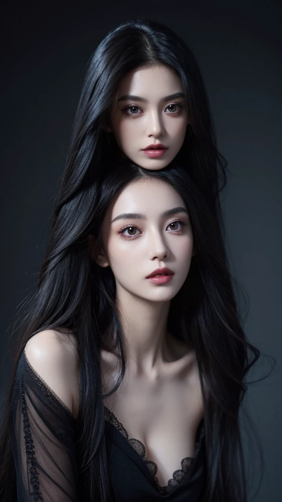 accessories,Gothic style,Quiet,Light makeup,Sexy,Peerless Beauty,Intellectual,clavicle,Neat long hair,Black Hair,Delicate face,Exquisite facial features,Sexy blue sweater。