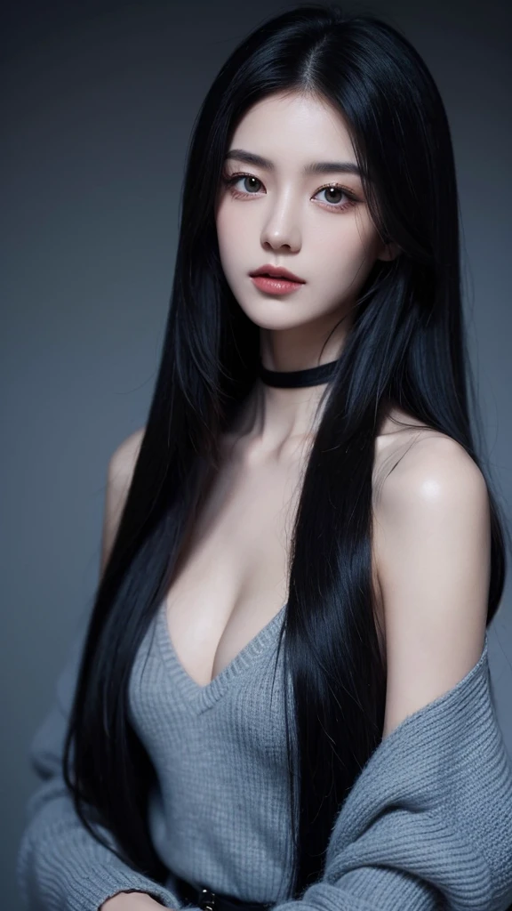 accessories，Gothic style，Quiet，Light makeup，Sexy，Peerless Beauty，Intellectual，clavicle，Neat long hair，Black Hair，Delicate face，Exquisite facial features，Sexy blue sweater。