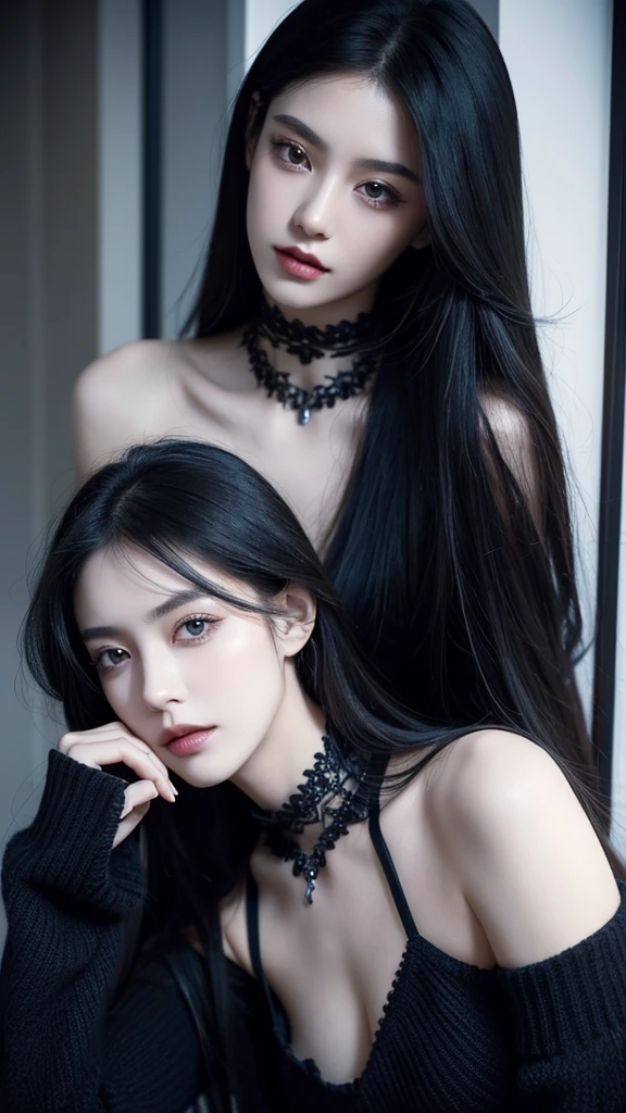 accessories，Gothic style，Quiet，Light makeup，Sexy，Peerless Beauty，Intellectual，clavicle，Neat long hair，Black Hair，Delicate face，Exquisite facial features，Sexy blue sweater。