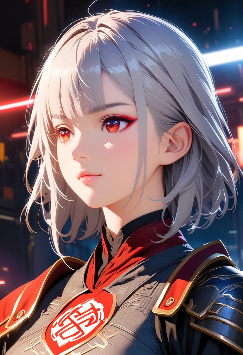 Masterpiece,Game Art,Best picture quality,Maximum resolution,8K,(Portrait),Unreal Engine 5 rendering works,(Digital Photography),((Portrait Feature:1.5)), 20 year old girl,Short hair details,Long bangs,(Red eye makeup carefully created),(with long gray hair:1.4),(Big goals, Full breasts),Elegance and nobility,Brave and charming, (Future armor incorporates the characteristics of Chinese armor,hollow-carved design,Power Armor,Mysterious oriental runes,Beautiful clothing patterns,Magic flash),Future Warrior,Cyberpunk Characters,War Background, Light,Ray Tracing,Game CG,((3D Unreal Engine)),OC rendering reflection mode