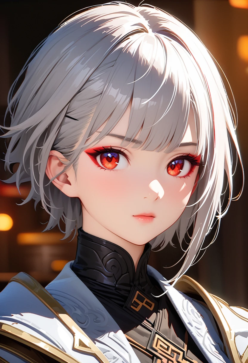 Masterpiece,Game Art,Best picture quality,Maximum resolution,8K,(Portrait),Unreal Engine 5 rendering works,(Digital Photography),((Portrait Feature:1.5)), 20 year old girl,Short hair details,Long bangs,(Red eye makeup carefully created),(with long gray hair:1.4),(Big goals, Full breasts),Elegance and nobility,Brave and charming, (Future armor incorporates the characteristics of Chinese armor,hollow-carved design,Power Armor,Mysterious oriental runes,Beautiful clothing patterns,Magic flash),Future Warrior,Cyberpunk Characters,War Background, Light,Ray Tracing,Game CG,((3D Unreal Engine)),OC rendering reflection mode