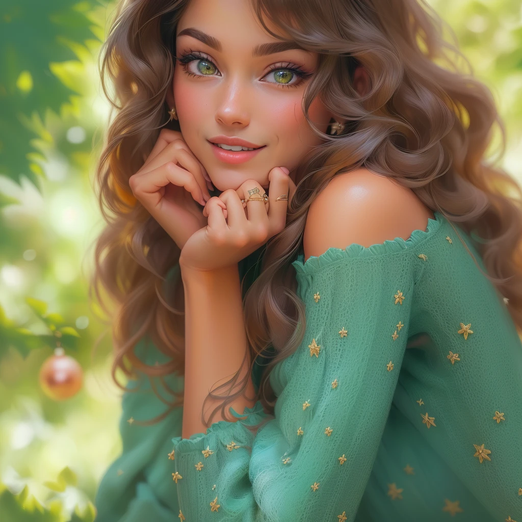 Arafed woman in blue dress sitting in front of Christmas tree, realistic picture of a cute girl, beautiful digital artwork, beautiful digital illustration, beautiful gorgeous digital art, beautiful digital art, beautiful drawing of the characters, photorealistic disney, Beautiful artwork, beautiful portrait in fantasy style, gorgeous digital painting, beautiful digital painting, gorgeous digital art, Beautiful art, exquisite digital illustration
