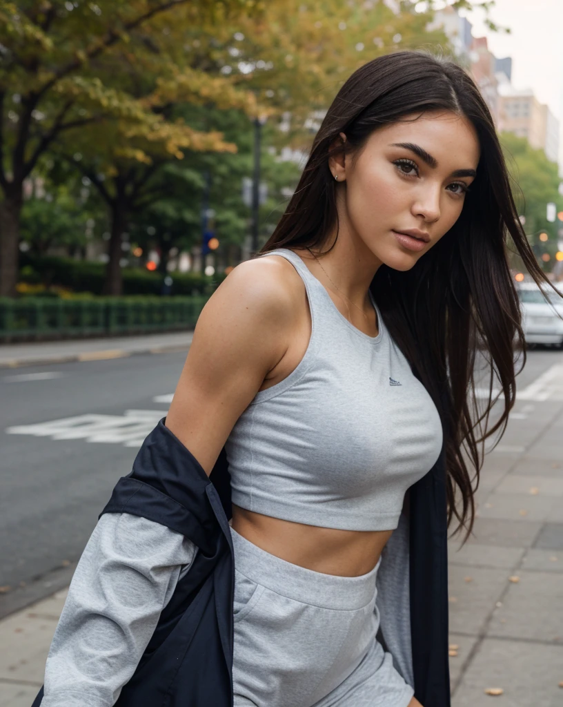 Photorealistic close up selfie photo, sharp focus, raw photo, amateur photo, sexy fit woman with beautiful face like Madison Beer, Megan Fox and Kim Kardashian. She is in sport clothes taking stroll in park in New york city