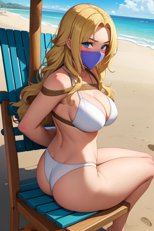 1 girl, detailed blue eyes, lange wimpern, detailed beautiful face, a Bit curly hair, (Long blonde hair:1.4), (arms behind back:1.6), gefesselte Arme, blushing, (Big boobs:1.1), White Bikini, OTN, Gag, gagged, shibari, tied Gag, sitting at a beach, sitting in a beach chair