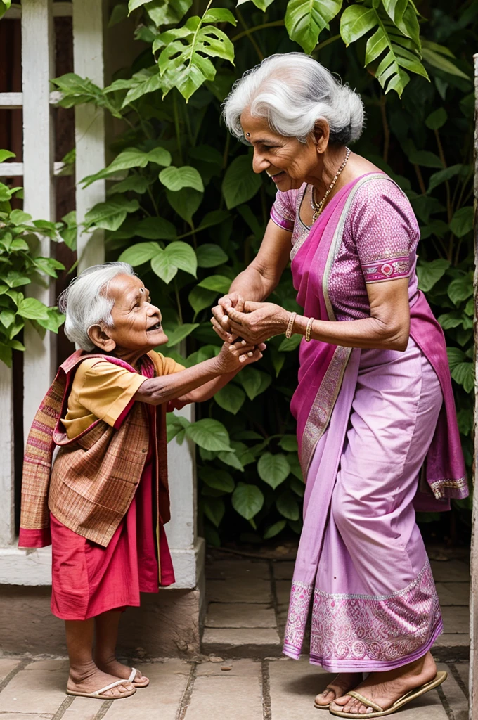 Create a image of a 64year's of Indian old women playing with her 1year grand son at outside a house garden