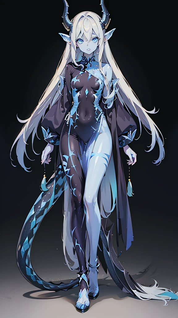 (((small and young girl))),character sheet, same character, l((Dragoness of Souls with long silver hair that is loose and straight, one of her hair reaches her face)),(((Colorful skin,Light blue skin color))),(blue eyes like emeralds), pointed elf ears, ((with a Dark blue horn)),((Huge tail with dark blue scales, tail with light blue emeralds)),(sexy body),(Rounded medium breasts and big butt),((skin-tight dress that shows her body like navel and back)),((high quality)),((high resolution)), ((detailed)), ((vibrant colors)) , ((correct proportions)), ((perfect anatomy)), ((detailed eyes)), ((realistic eyes)),((detailed background)), ((realistic environment)), ((no deformations))
