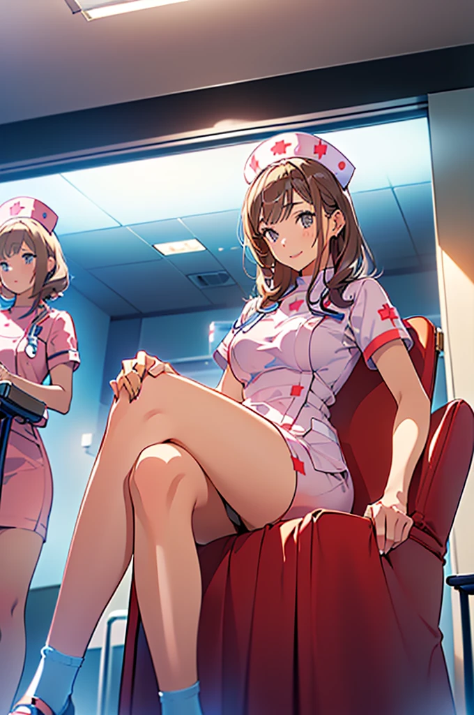 (((((( A high school girl sits on a chair in the nurse's office and lifts her clothes to expose her breasts.、A middle-aged male doctor is vigorously massaging a schoolgirl's breasts with both hands.,shirt lift,bra lift,nipples)))))),(((skirt,large breasts,pov hands,blush,))),(((Upper Body、Photographed from the front)))