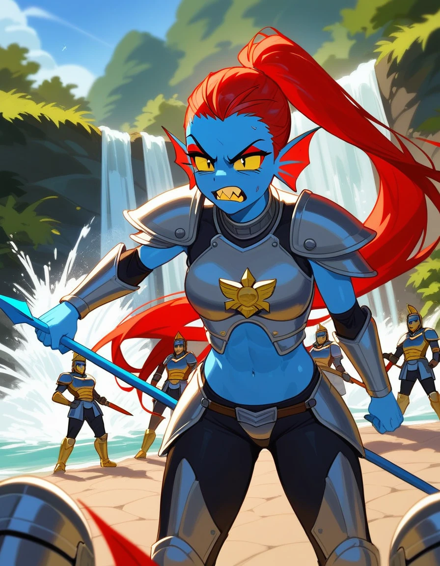 Fraction_9,Fraction_8_direction_7_up, undyne from undertale, Leader of the Royal Guard，angry，Angry expression,Sharp yellow teeth, Eye mask, black eyes, sclera, Wearing gray armor，helmet，Holding a blue spear,Standing in front of a waterfall