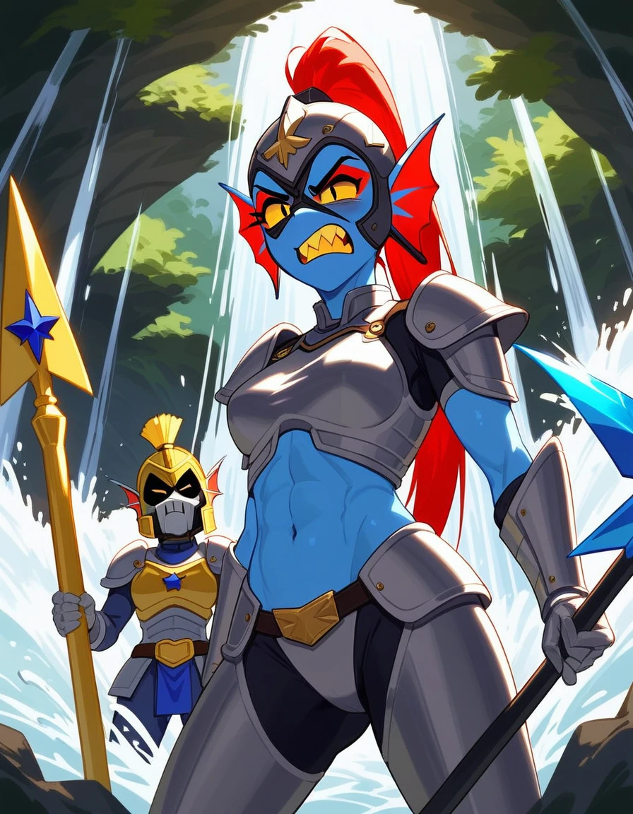 Fraction_9,Fraction_8_direction_7_up, undyne from undertale, Leader of the Royal Guard，angry，Angry expression,Sharp yellow teeth, Eye mask, black eyes, sclera, Wearing gray armor，helmet，Holding a blue spear,Standing in front of a waterfall
