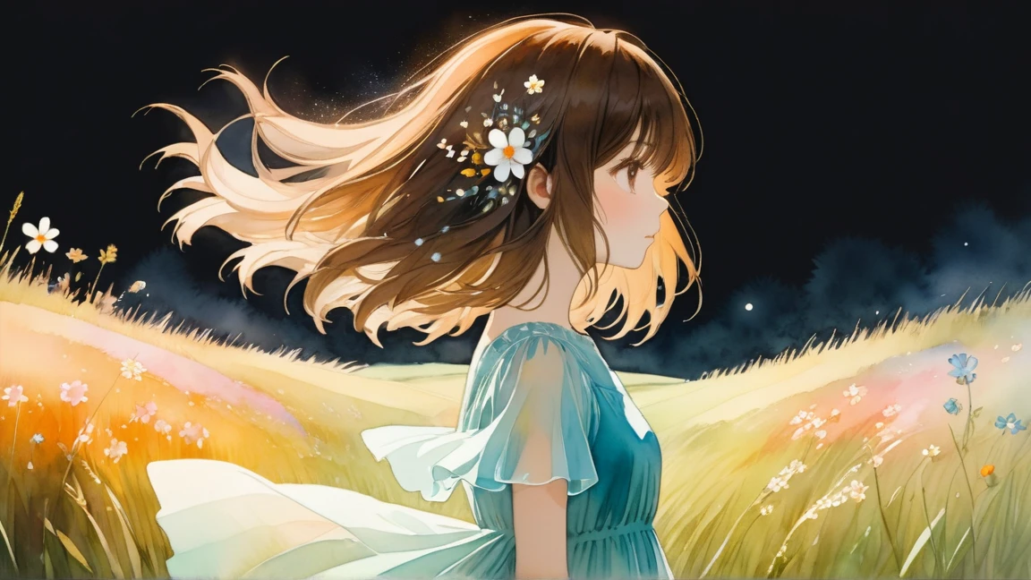 (Absurd, High resolution, Ultimate Details, Perfect Anatomy:1.2), (Portraiture:0.2), Written boundary depth, black background break a translucent (watercolor:1.4) Delicate shades, A subtle blend, Airy, Dreamlike quality. break (One Girl:1.3), alone, (Long Bob Hair:1.2), Swept-apart bangs, (Brown Hair:1.2), Expressionless, Side view, throw, break (Fluffy Dress:1.1) break (grassland, Outdoor:1.2), (universe \(flower\):1.4) break (She walks along the dark river.:1.2)
