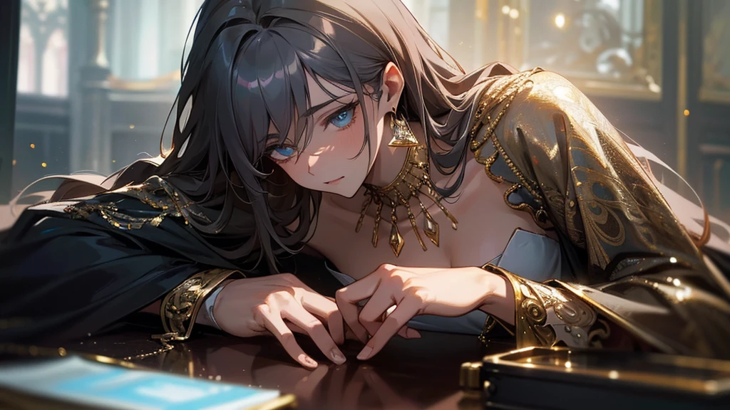 High resolution RAW color art, animation,Sculpture, Silver Marble Skin, (((Highly detailed elegant))), Magical atmosphere, Detailed skin, texture,(Exquisitely crafted, The finer details, Ultra-detailed art), Depth of written boundary, Bokeh, Silky Touch, Hyper Detail, Beautiful Eyes, Elegant face, (His neck is bound by a metal chain), Disheveled Hair, Rusty floor, Sports Lights, Lie in, chest, Stomach