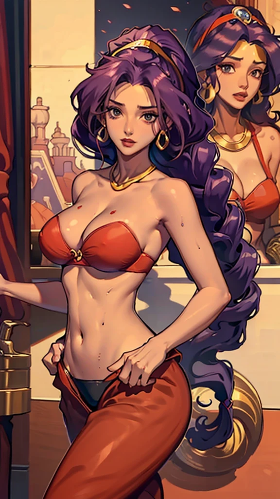 a sexy woman big breast long purple hair wavy braids wears red belly bra and long red pants Arabia happy