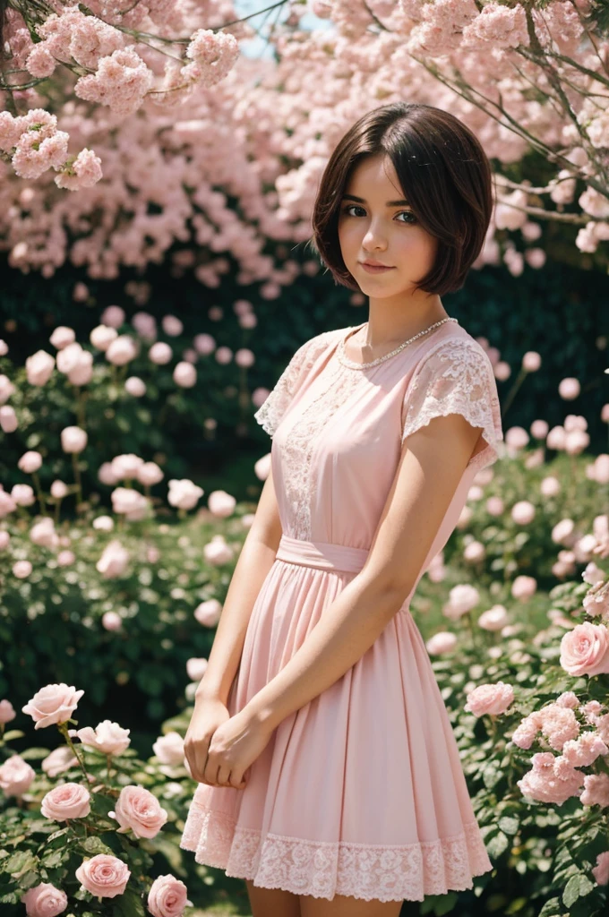 8k, foto en bruto, fujifilm, Style photography of a beautiful young girl like Avril in a light pink rose garden. (piel muy detallada: 1.2) Style-Petal BREAK short hair, cabello rubio con mechones de colores, usando un vestido, film grain, 35mm, lindo estilo