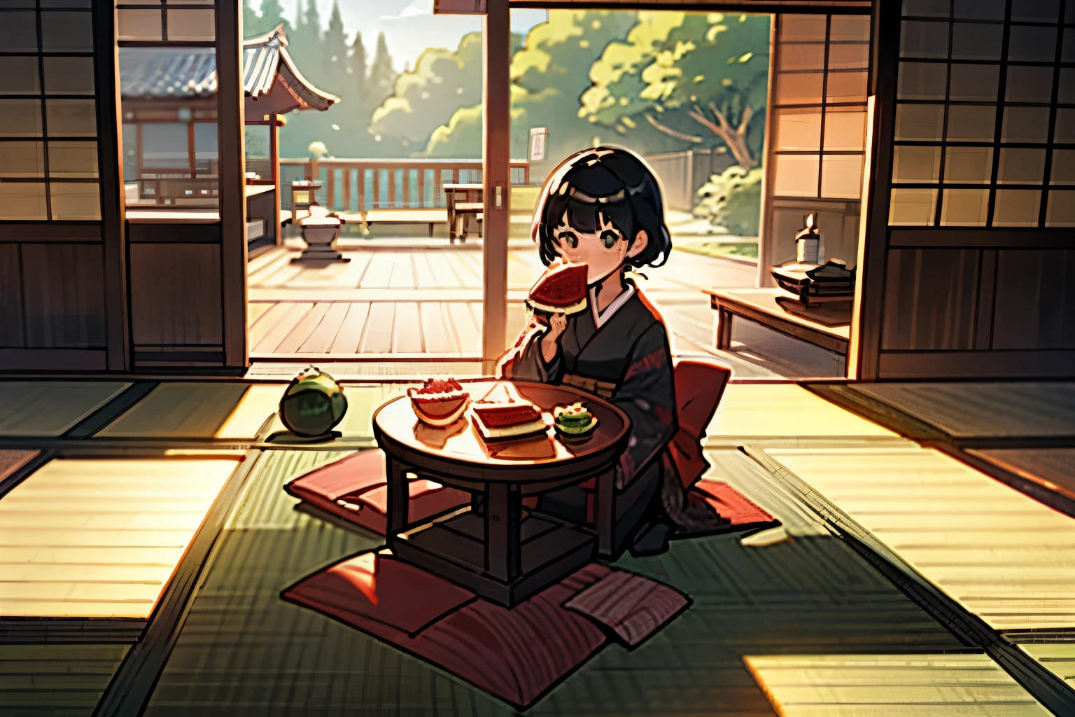 hot、Girl eating watermelon、shaved ice、tatami、Japanese-style room、Beautiful outside view、Detailed garden、Fan